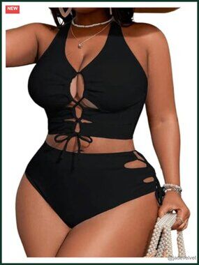 Plus Size Lace Up High Waist Bikini Set Tummy Control 2 Piece Swimsuit